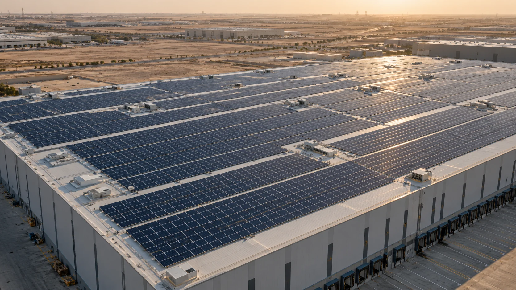 Illustrative rooftop solar installation on a logistics warehouse in a dry industrial setting